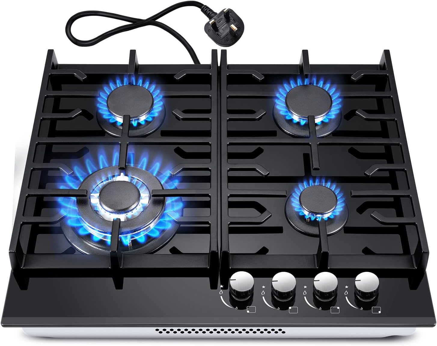 Gas Hob 4 burners, TopStrong 60cm Black Glass Gas Hob, Built in Gas Cooktop with Cast Iron Supports, NG/LPG Convertible, Gas Hob Cooker with Flame Out Protection.