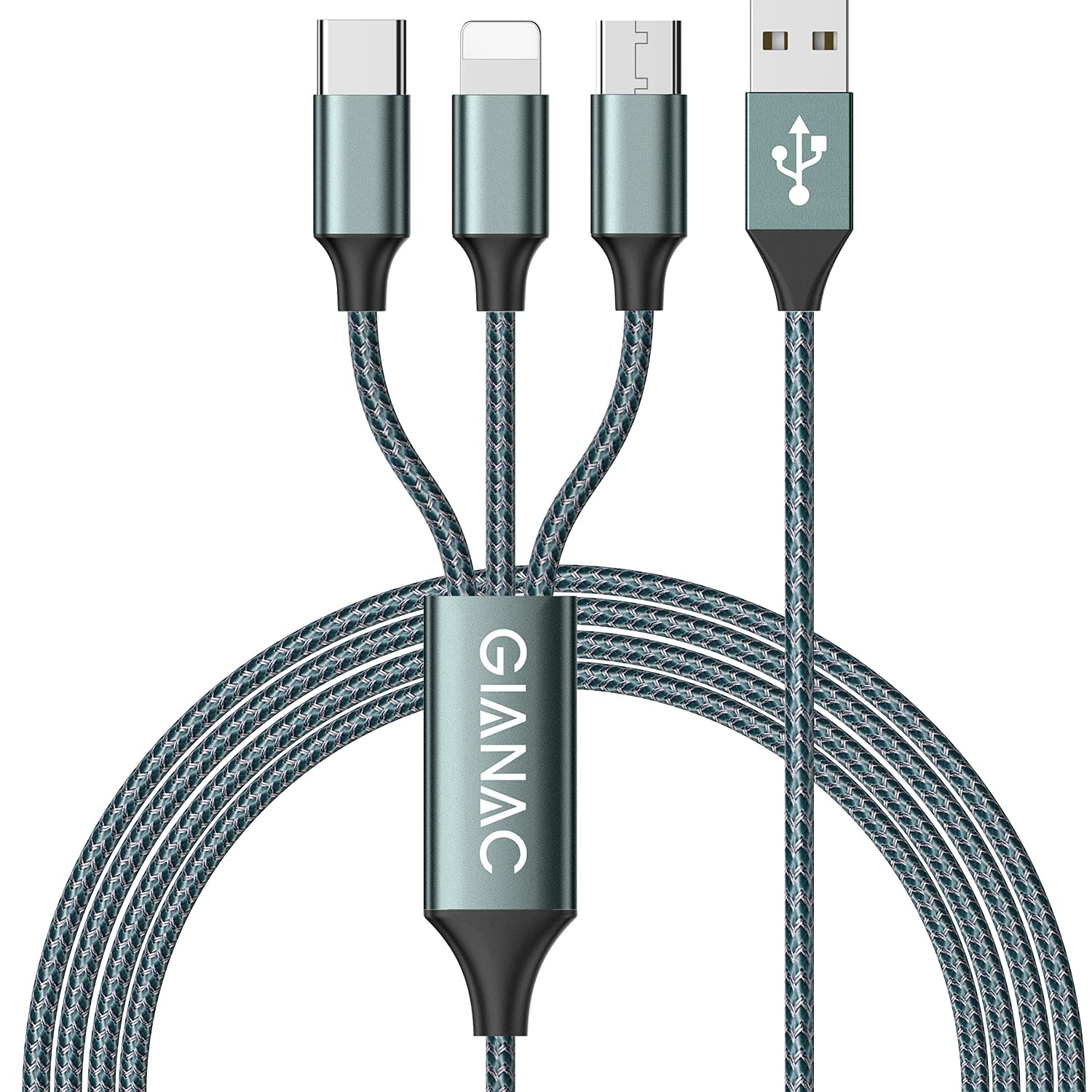 3 in 1 Multi Charger Cable [1.2M] Multiple USB Cable Nylon Braided with Micro USB Type C Lightning Cable Connector for iPhone, Android Galaxy, Huawei, Nexus, Nokia,LG, Sony, PS4-Green.