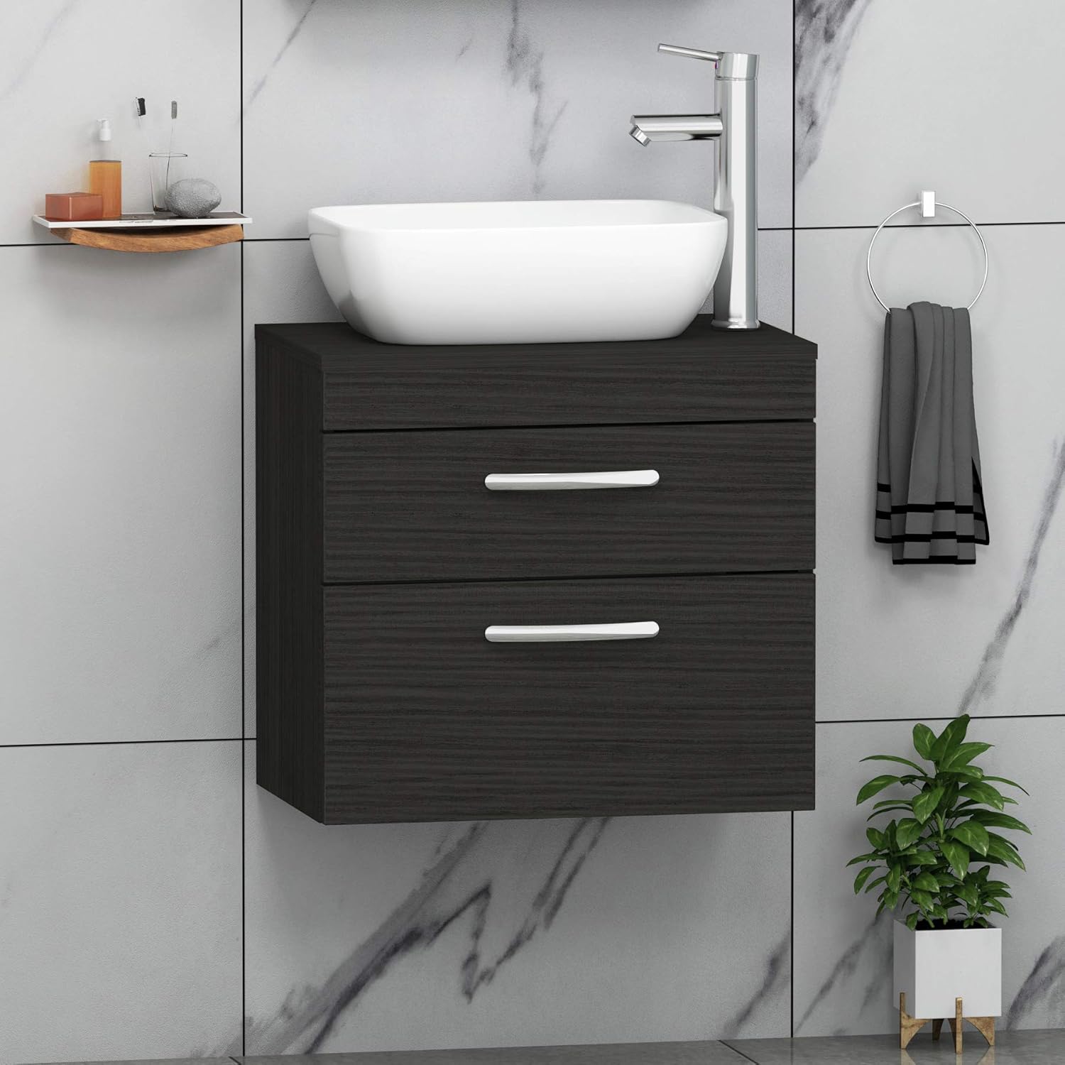 500mm Bathroom Furniture 2 Drawer Wall Hung Worktop Vanity Unit + 455mm Soft Square Countertop Basin - Gloss White.