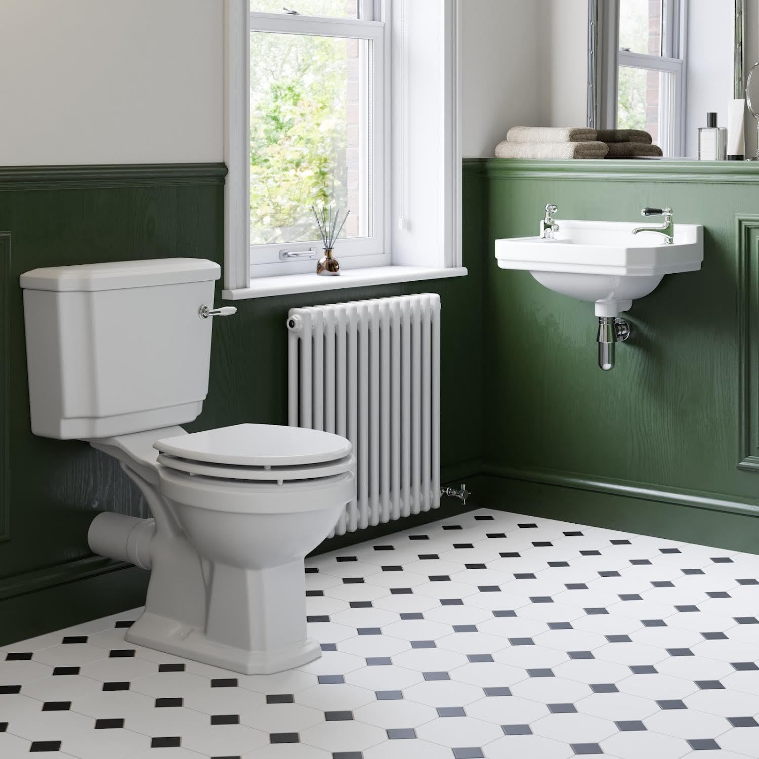 Traditional Cloakroom Suite Close Coupled Toilet WC Wall Hung 2 Tap Hole Basin.