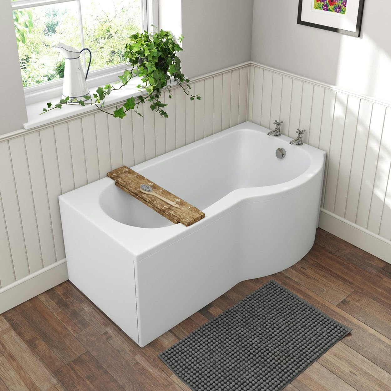 Orchard P Shaped Right Handed Shower Bath 1500 x 850 with Front Bath Panel - White Single Ended Bath, P Shaped Single Ended Baths, Baths.