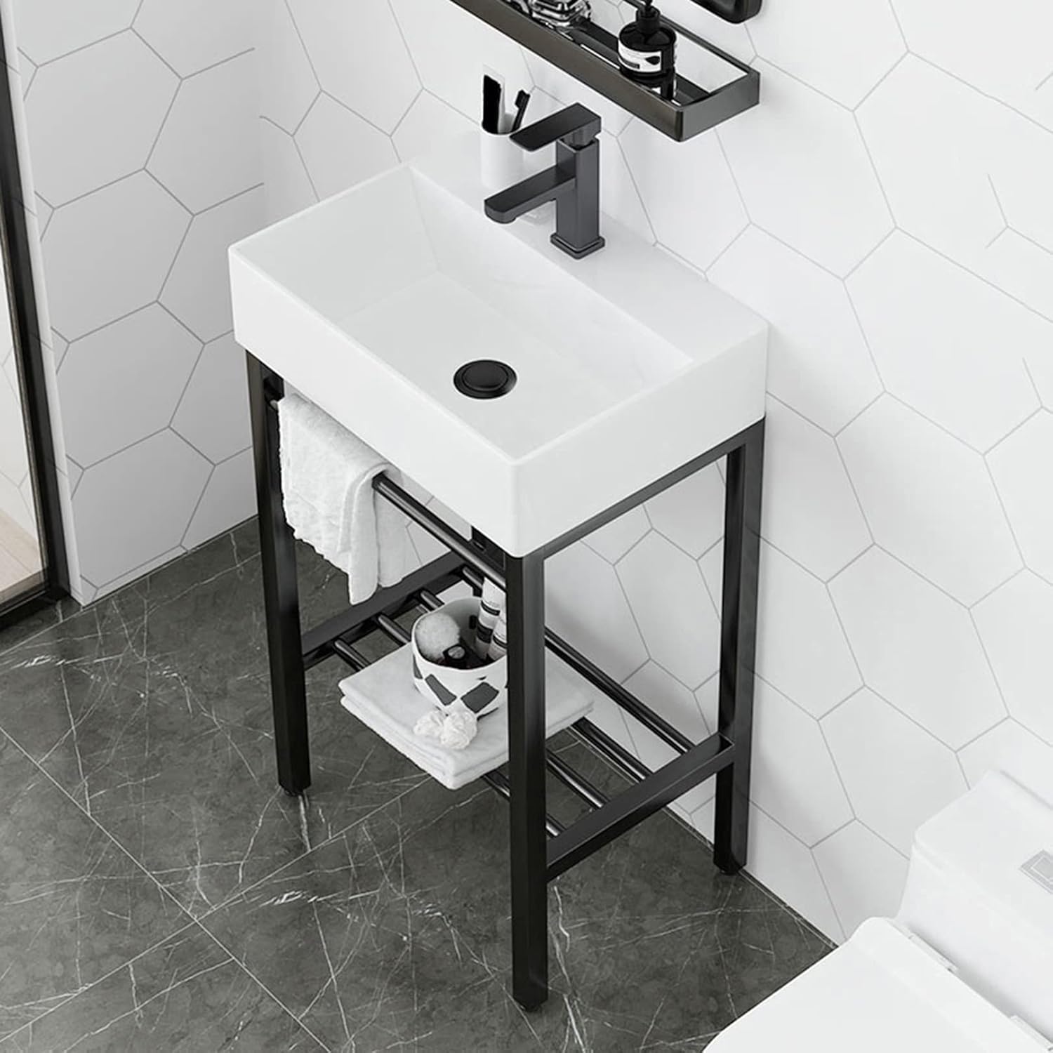 Bathroom Sink White Ceramic Console Pedestal laundry Sinks free standing Wash Basin sinks Porcelain Vessel Basin Rectangle with Stainless Steel Metal Legs Stand Vanity Sink black Storage Shelf ( Size.