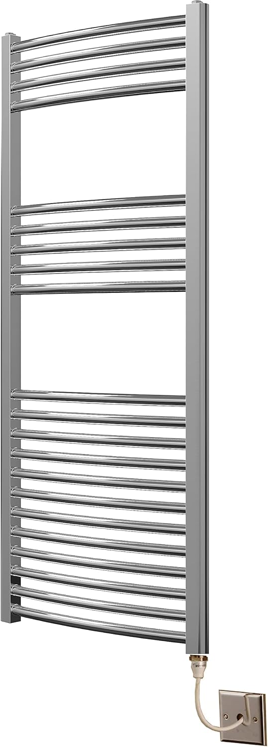 Greened House Chrome Curved Electric Heated Towel Rail 500mm wide x 1200mm high Towel radiator.