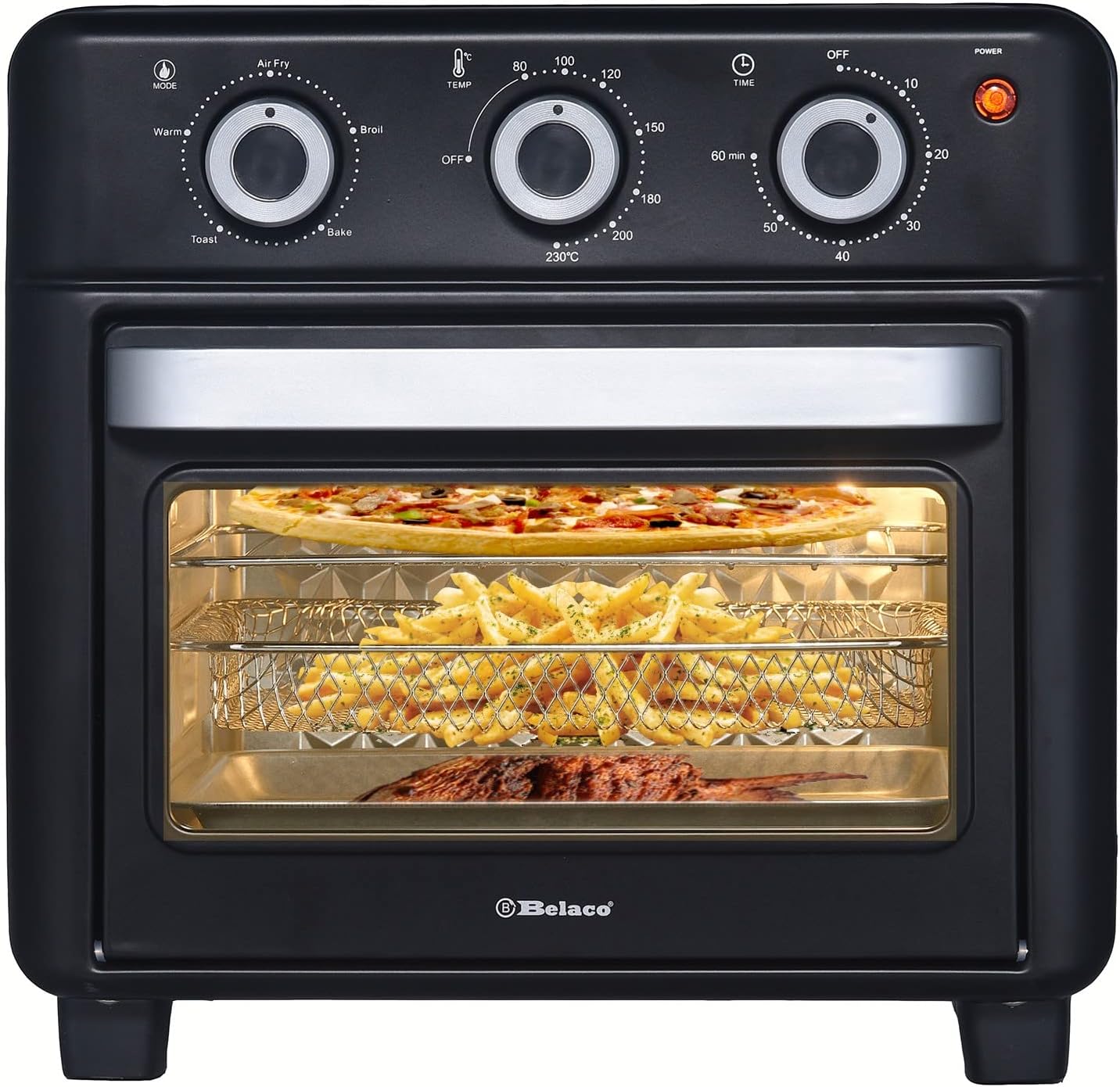 Belaco 15L Air Fryer Oven 1200w Mini Oven Multifunction Countertop Convection Toaster Oven and Grill, Double Layered Glass Door 80-230° Temp Setting, Healthy Oil Free Heating.