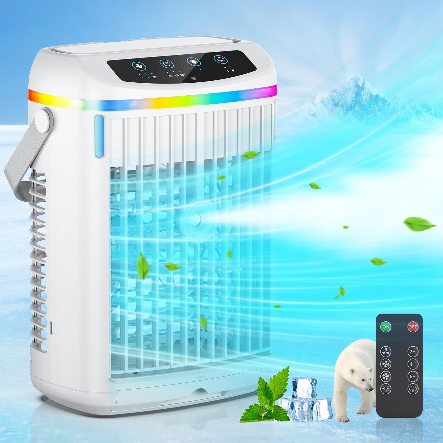 Portable Air Conditioner with Remote, 7 Colored Lights, 4 in 1 Mini Portable Air Cooler with 3 Speeds, Auto-off Timer 6H, Ideal for Home/Bedroom/Dorm/Office.