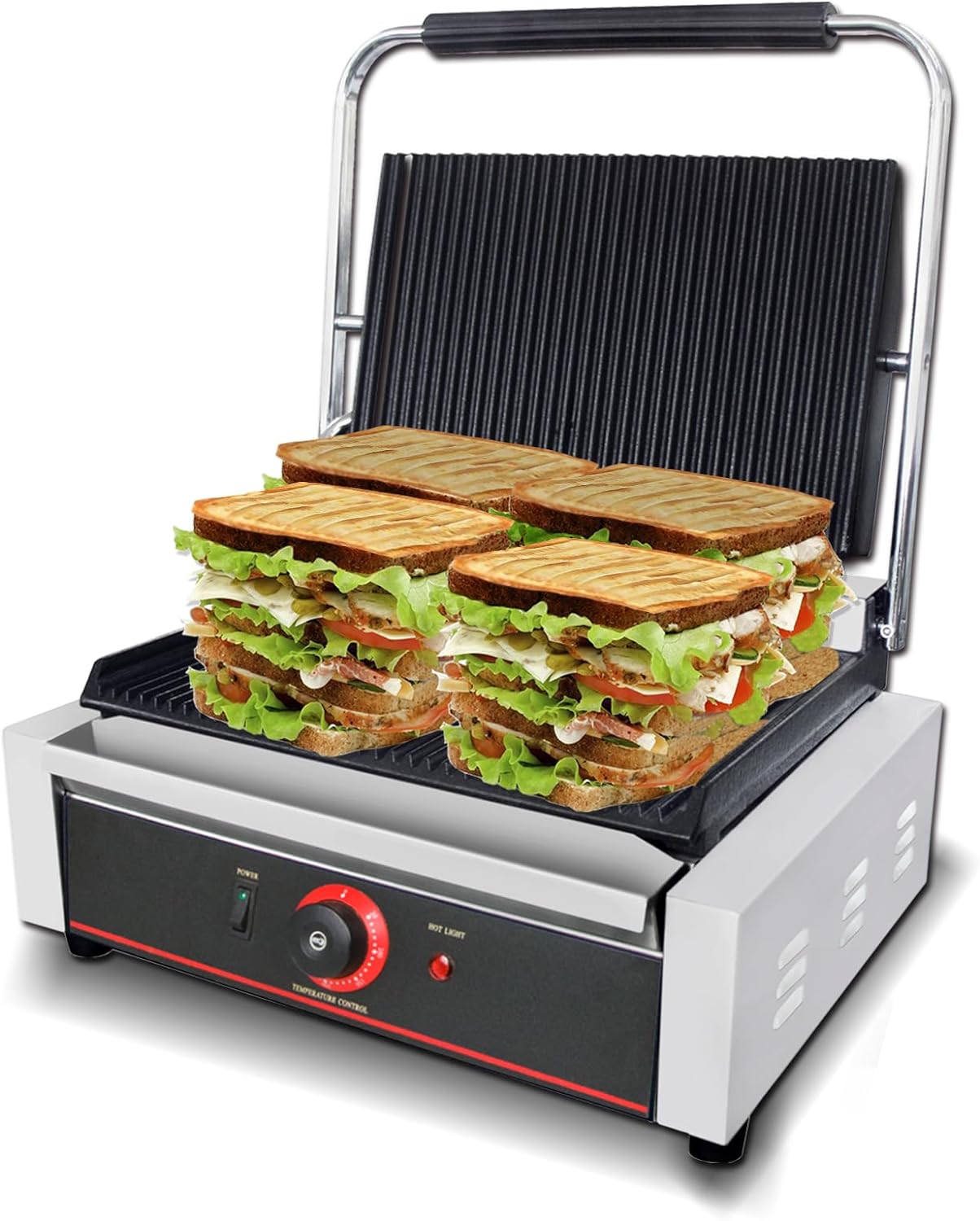 Hakka Electric Panini Press Grill, Commercial Contact Sandwich Toast Maker Non-Stick Ribbed Plate 50-300℃ Temp Control Catering Machine for Making Breakfast, Steak, Hamburgers.