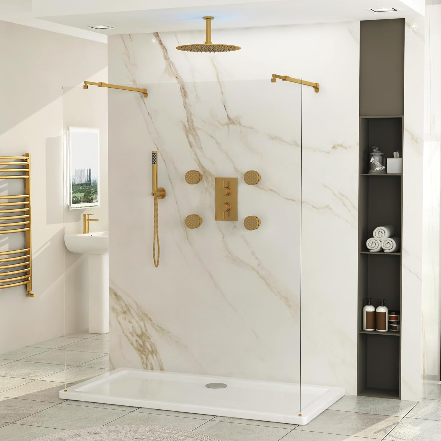 Brushed Brass 1200mm Wet Room Walk in Shower Screen with 8mm Clear Easy Clean Safety Tempered Glass Panel & + 2 Brushed Brass Stainless Steel Support Arms Shower Enclosure Cubicle 1850mm Height.