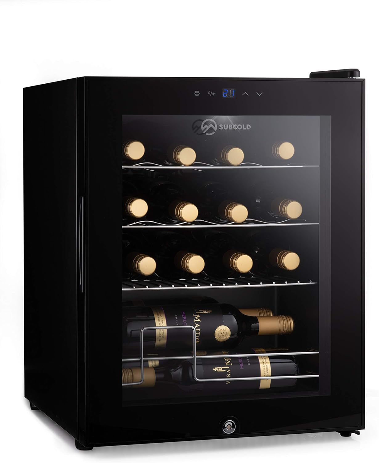 Subcold Viva28 LED – Under-Counter Wine Fridge Black | 3-18°C | Wine Cooler | LED + Lock & Key | Glass Door Drinks Cellar | Single-Zone (28 Bottle).