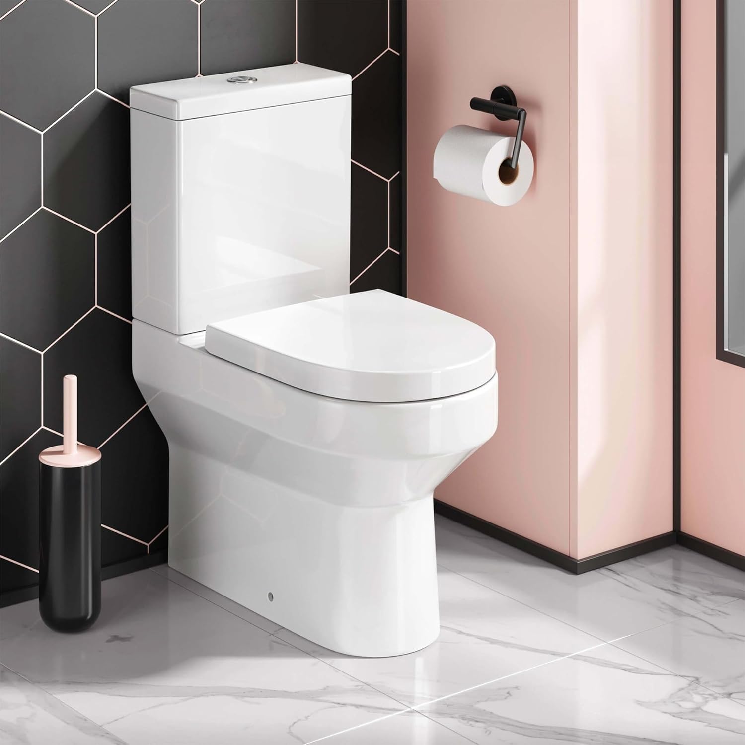 Round Comfort Height Rimless Closed Coupled Closed Back Toilet Soft Close Seat.