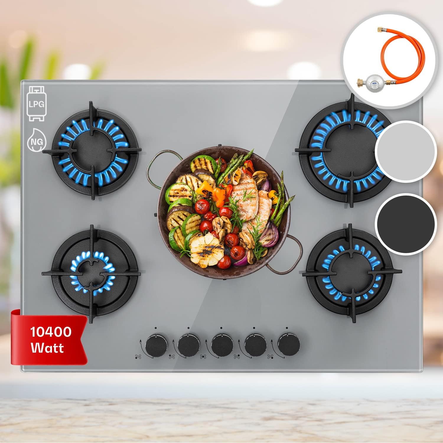 Klarstein Gas Cooker, 5 Burners Gas Hob, 10400W Built in 5 Ring Electric Hob, Campervan Cooktops Gas Cookers, Stainless Steel Glass Top Wok Burner, 5 Ring Kitchen Stoves LPG Cooker Gas Burners Units.