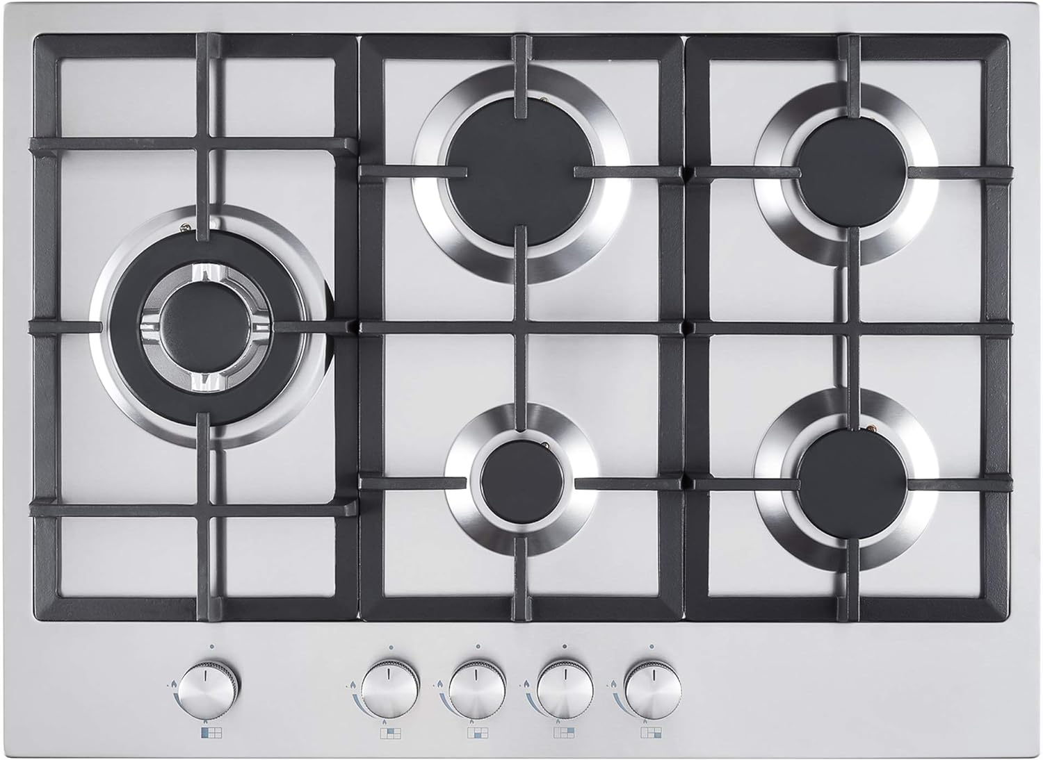 Cookology GH700SS 70cm 5 Burner Gas Hob with Cast Iron Pan Supports, Wok Burner and Automatic Ignition Dials - in Stainless Steel.