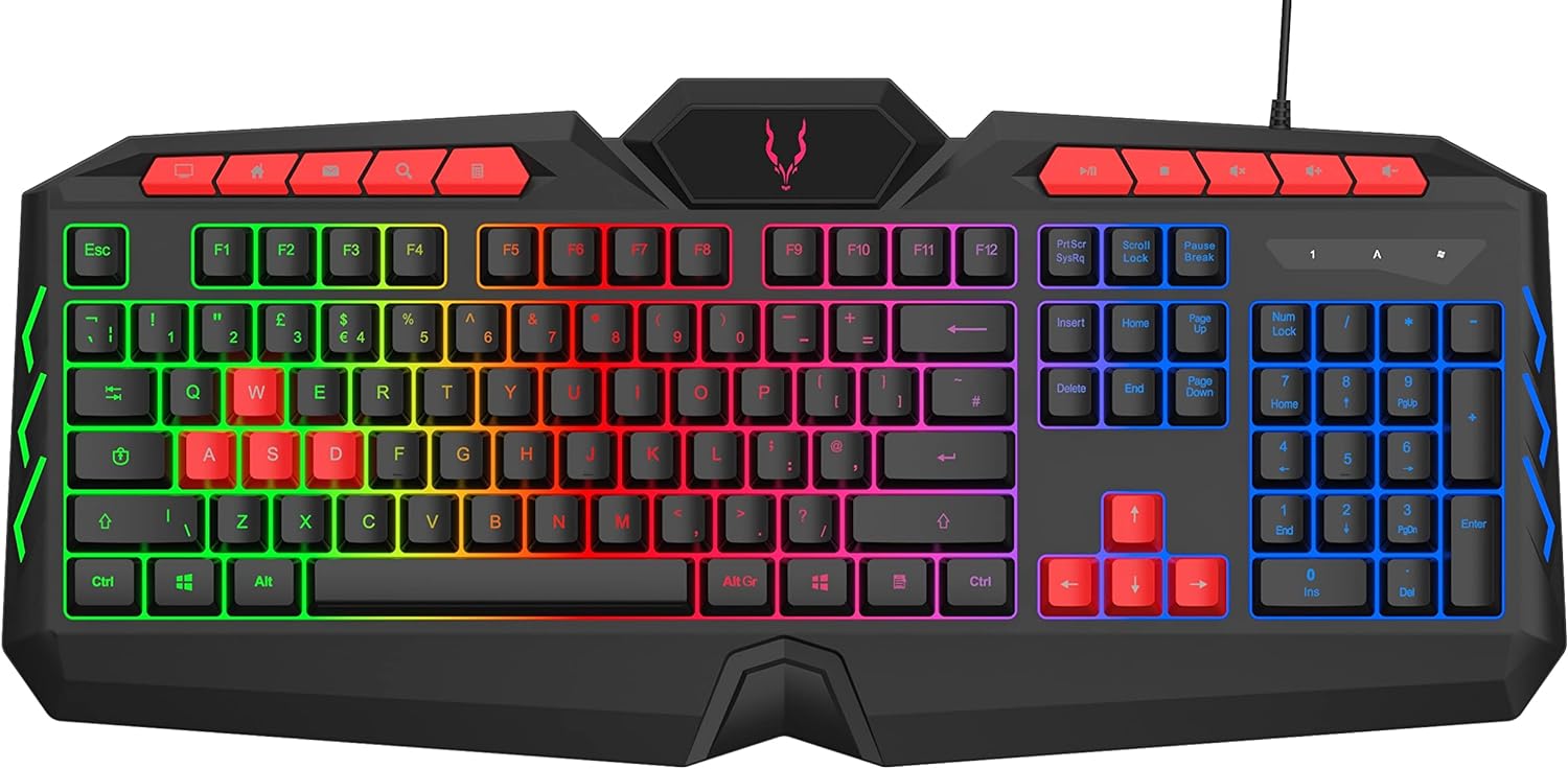 EliteForce Gaming Keyboard LED Rainbow Backlit Light up Membrane Keyboard Spill-Resistant for PC Computer Laptop Windows Gamer Xbox One PS4 PS5 UK Layout Adjustable Backlight 105 + 10 Multimedia Keys.