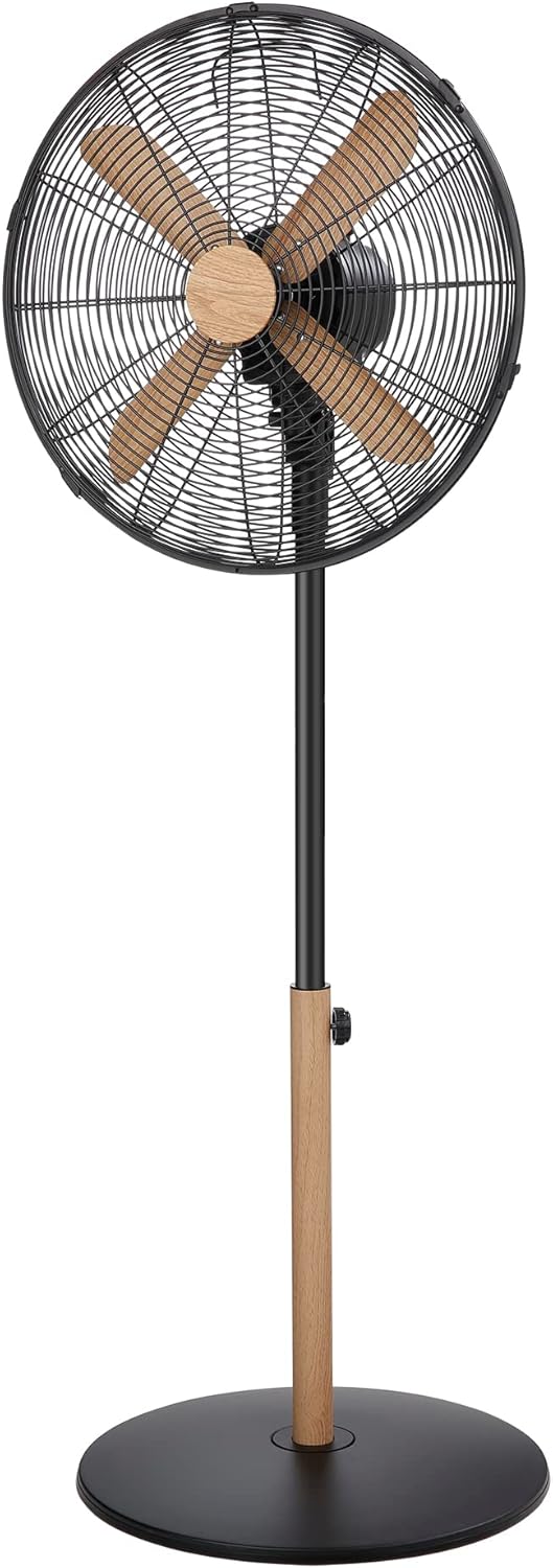 Russell Hobbs RHMPF1601WDB 16 Inch Scandi Electric Pedestal Fan, Tall Standing Fan, 1 m to 1.25 m Height, 3 Speed Settings, Oscillating Fan and Adjustable Tilt, 60W, Black and Wood Effect.