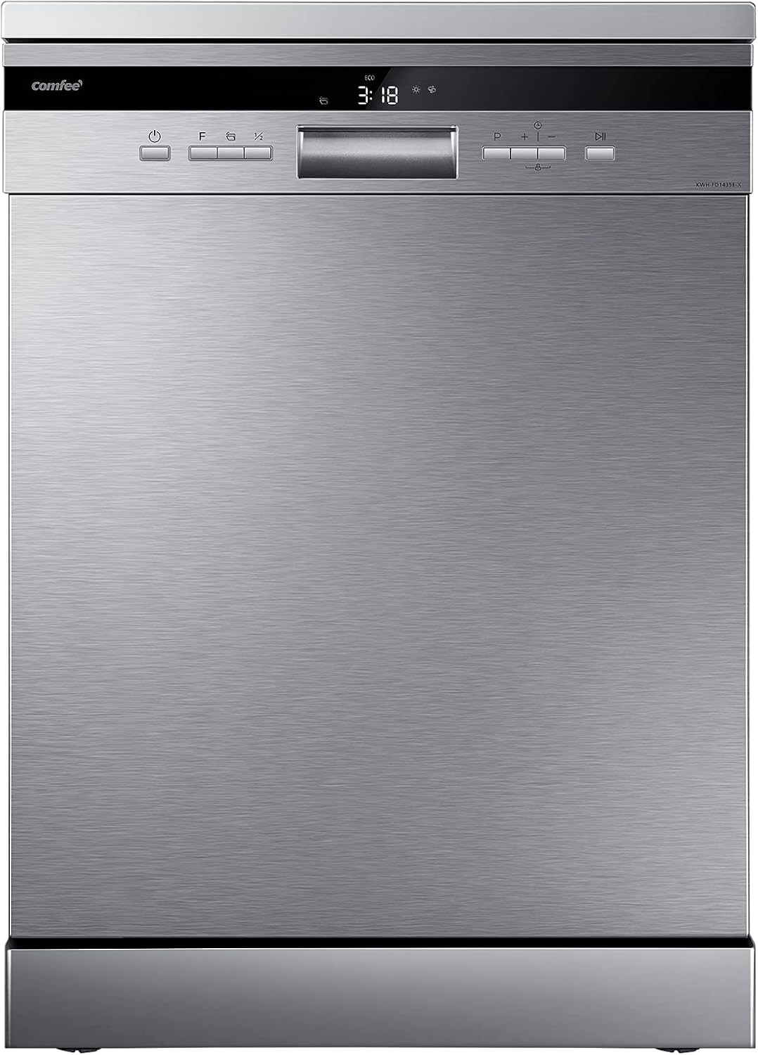 COMFEE' Freestanding Dishwasher FD1435E-X with 14 place settings, Full Size, Whisper Quiet 44dB, Wide LED Display, Delay Start, Half Load Function, Flexible Racks, Stainless Steel.