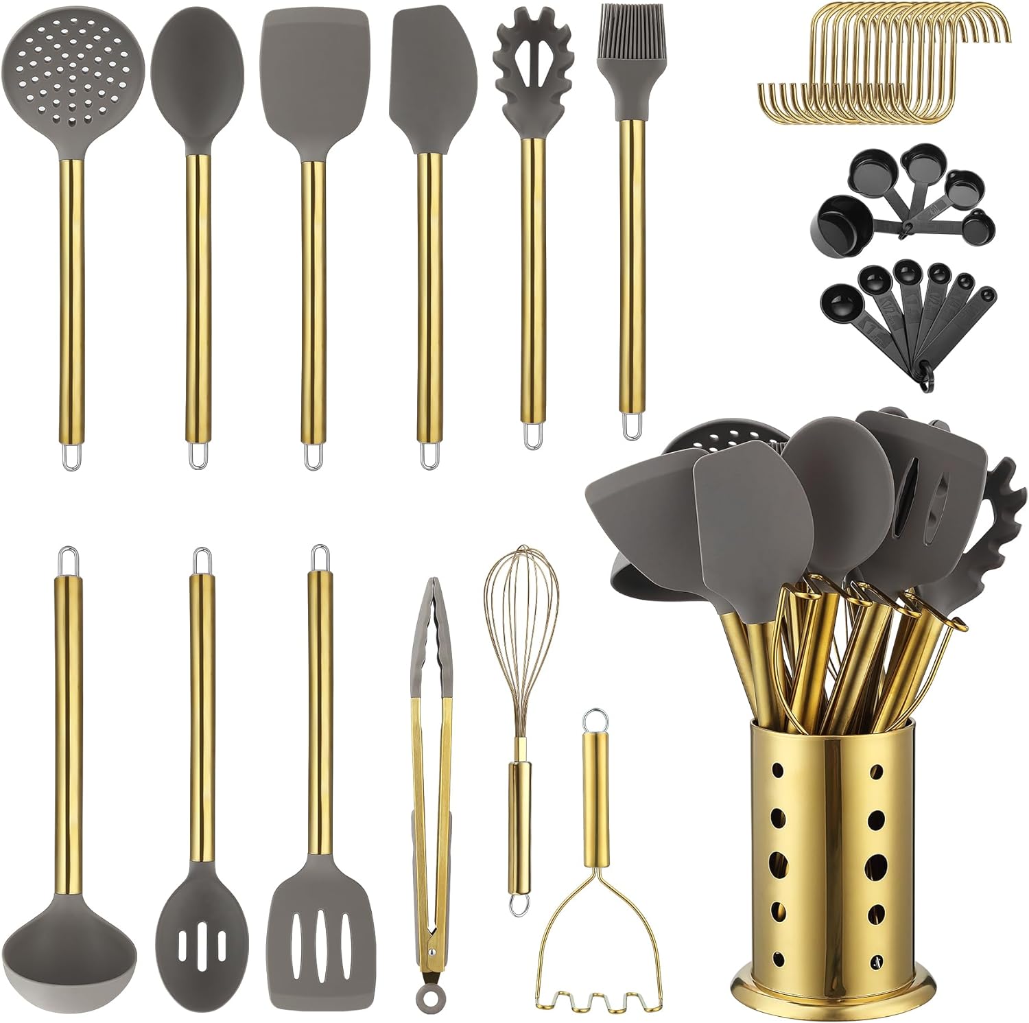 Gold Kitchen Utensils Set, Kyraton 38 Pieces Non-Stick Silicone Cooking Utensils Set, Spoon Spatula Set with Sturdy Stainless Steel Utensil Holder, Dishwasher Safe.