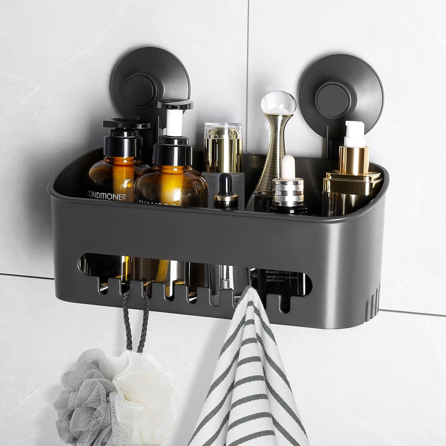 Luxear Shower Caddy Suction Grey Shower Caddy No Drilling Max Hold 20KG Shower Shelf Suction Holder Shower Organiser Heavy Duty with Hooks for Bathroom Storage Shower Accessories Kitchen Rack.