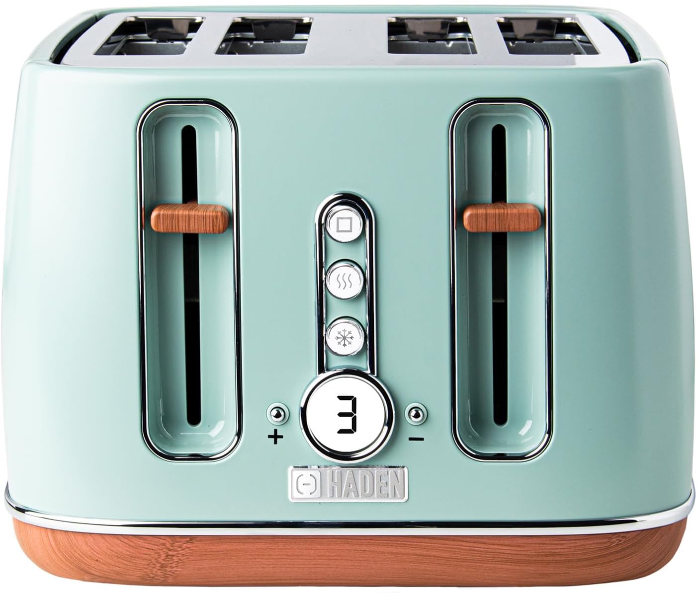 Haden Dorchester Green Toaster 4 Slice – Modern LCD Display - 6 Browning Levels - With Wood Effect Finish - Cancel/Defrost/Reheat - 1900-2300W Digital 4 Slice Toaster.