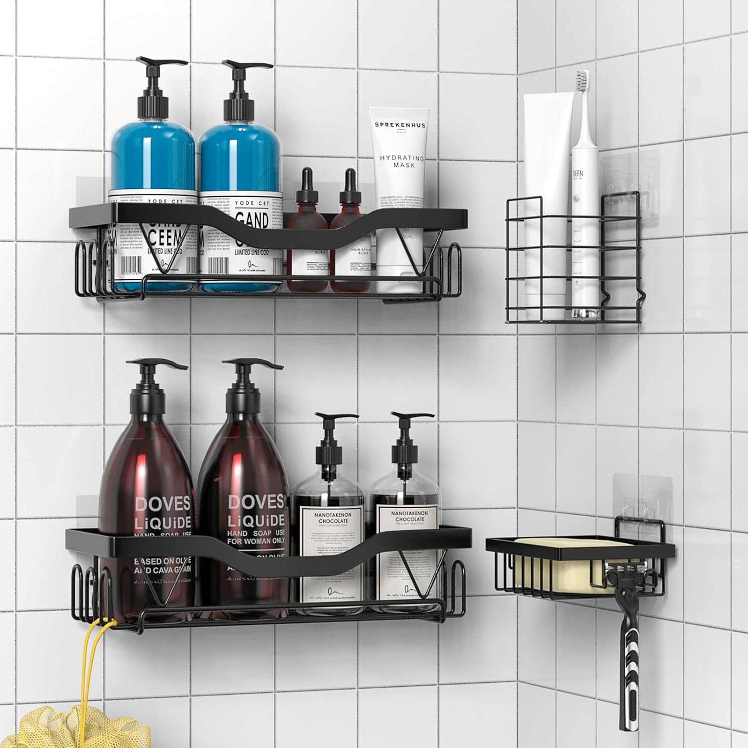 UUlioyer Corner Shower Caddy 3-Pack, Shower Shelf No Drilling, Bathroom Accessory with Hooks, Shower Organiser for Shampoo and Shower Gel, Black (Corner Shower Caddy 3-Pack).