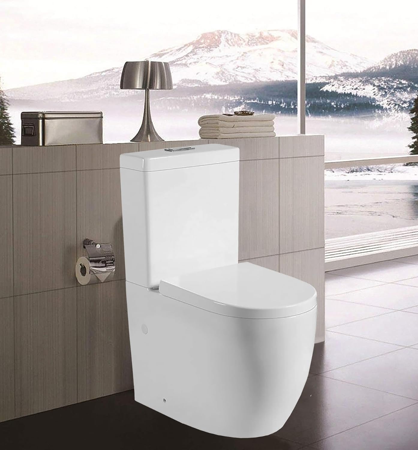 Rimless Close Coupled Toilet Back to Wall Bathroom Toilets White Ceramic WC Pan Soft Close Seat & Dual Flush Cistern Modern Square Elongated Toilet Elegant Eco Flush WC.