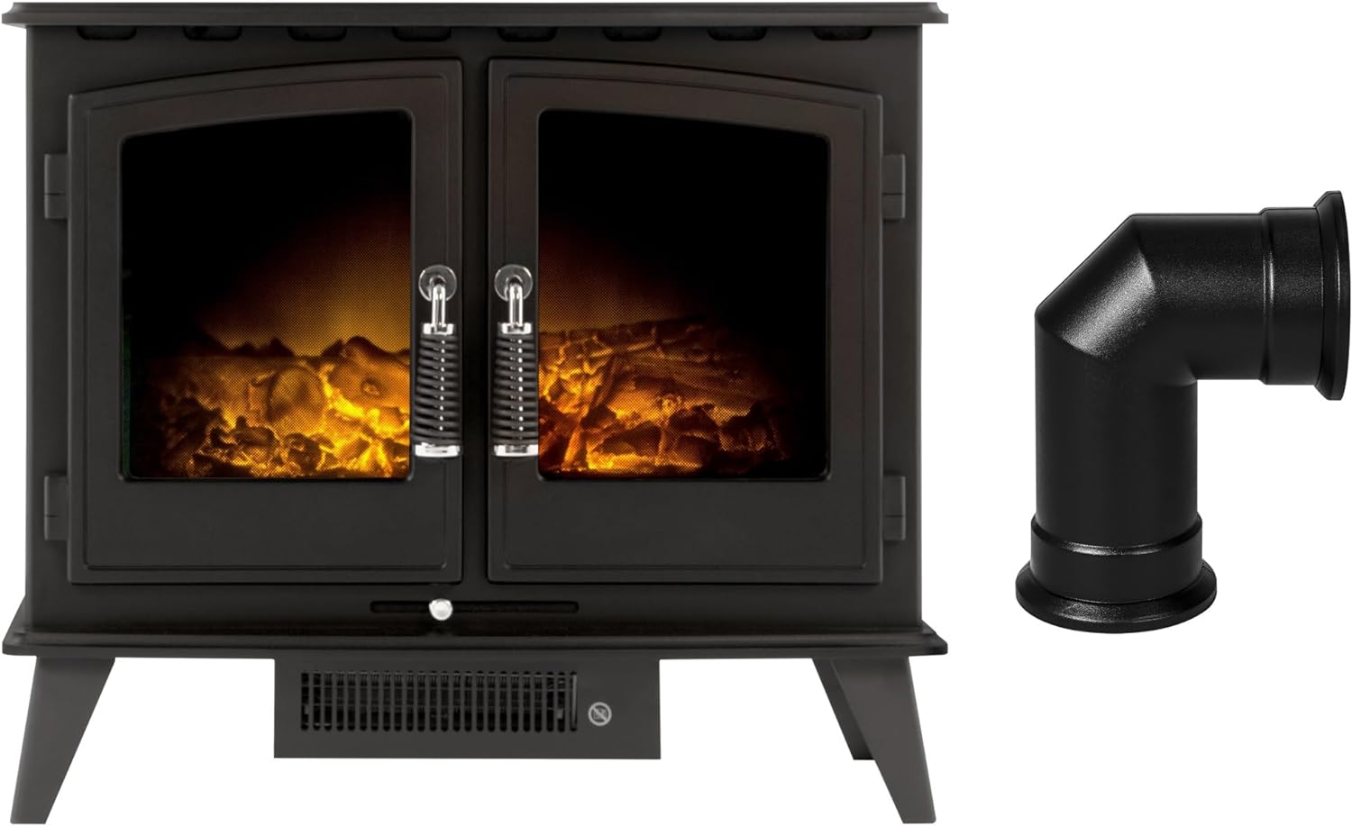 Adam Woodhouse Electric Stove in Black with Angled Stove Pipe.