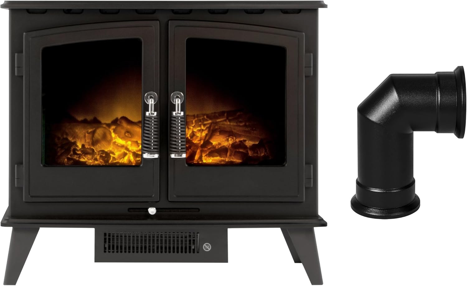 Adam Woodhouse Electric Stove in Black with Angled Stove Pipe.