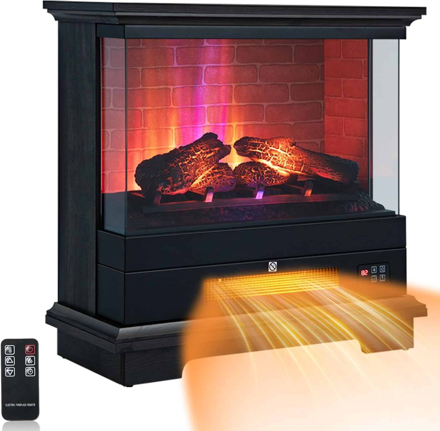 GiantexUK 27”/68cm Electric Fireplace, 3-Sided Fire Heater with 3-Level Flame Effect, Adjustable Temperature, Timer & Overheat Protection, Freestanding Stove Fire Surrounds, 1800-2000W (Black).