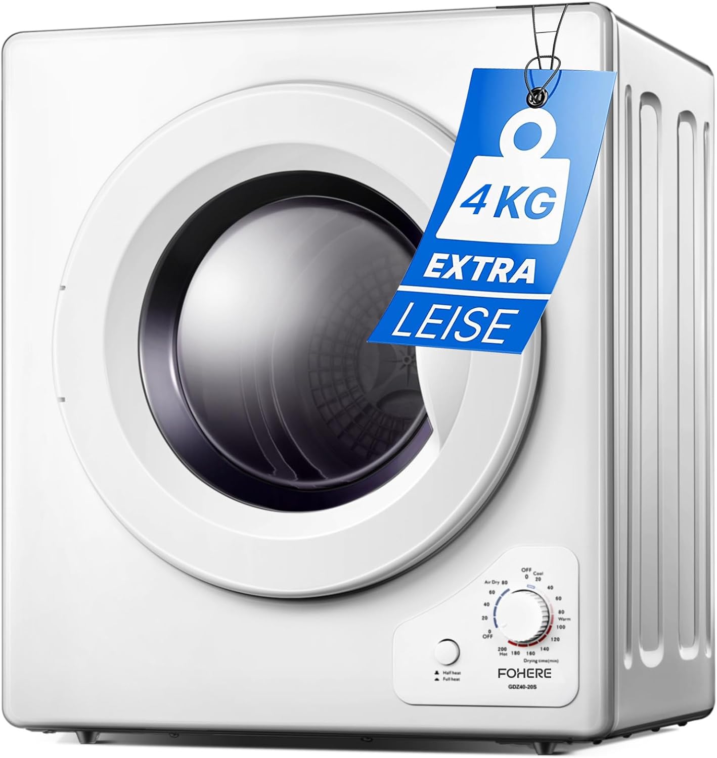 4KG Vented Tumble Dryer with Sensor Dry, FOHERE 1200W Compact Tumble Dryer with Stainless Steel Tub, Control Panel Downside Easy Control for 5 Automatic Drying Mode, White.