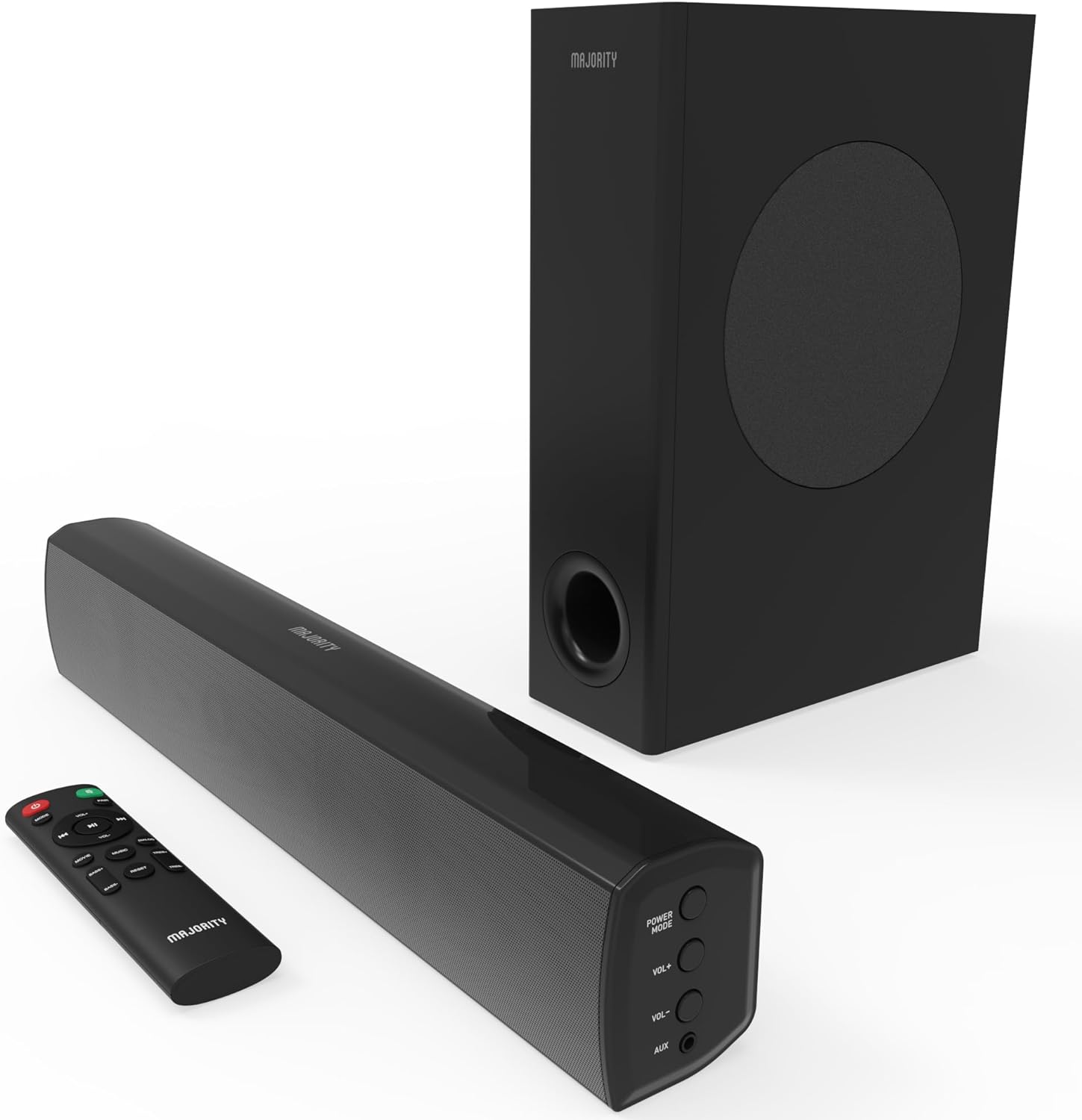 MAJORITY Bowfell Plus | Bluetooth Soundbar with Subwoofer | 100 Watt 2.1 Speaker Sound Bar for TV | Optical, RCA, USB, MP3, AUX Input | Custom EQ Settings & Remote Control Included.