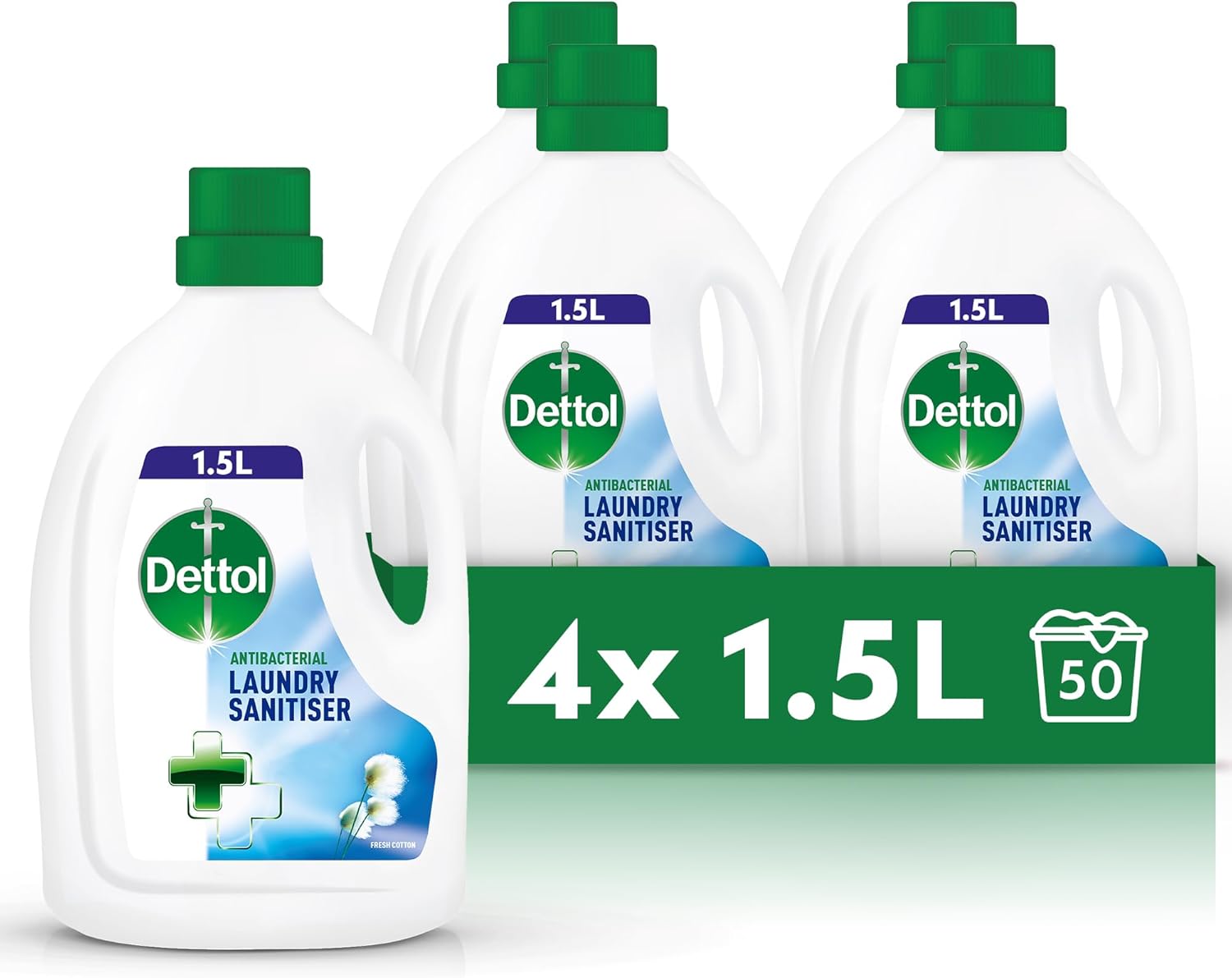 Dettol Laundry Sanitiser, Fresh Cotton Fragrance, Multipack of 4 X 1.5L, Total of 6L, Laundry Cleanser, Laundry Disinfectant, Kills 99.99 Percent of Germs, Antibacterial, Disinfecting, Laundry.