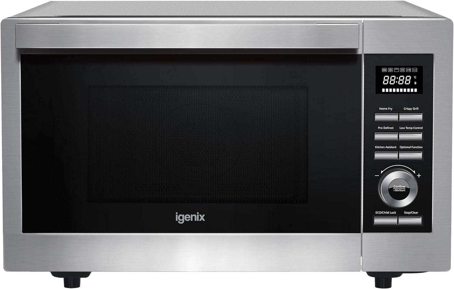 Igenix IG3095 Digital Combination Microwave with Grill and Convection, 1000 W, 30 Litre Capacity, Fry and Crispy Grill Function, Oven Style Pull Down Door, Stainless Steel Trim.