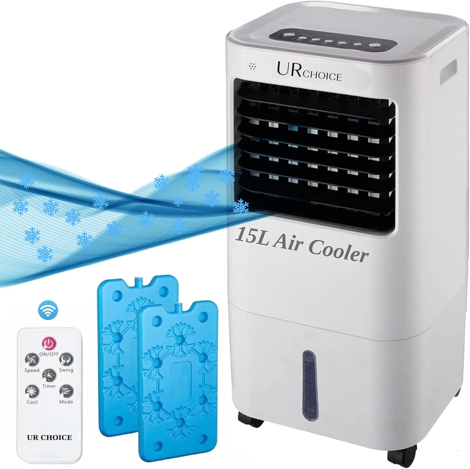 UR CHOICE 15L Air Cooler with Remote and Touch Control | 7.5-Hour Timer | 3-Speed Settings | Includes 2 Freezer Blocks | Portable Evaporative Cooler for Home and Office.