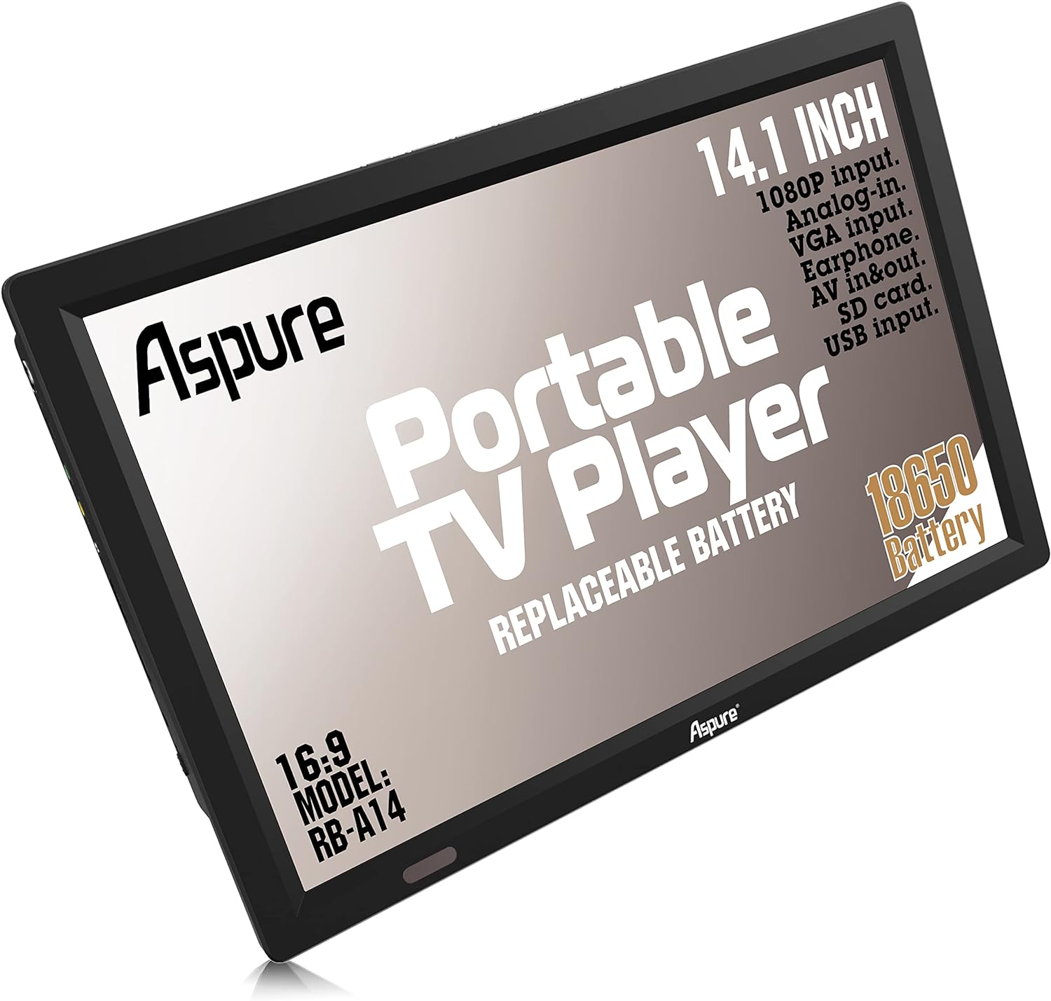 aspure 14Inch Portable Digital DVB-T2 HD Freeview LED TV with charger battery compartment for Car,Camping,Outdoor, Kitchen.Rechargeable Batteries,Television/Monitor with media Player USB LEADSTAR.