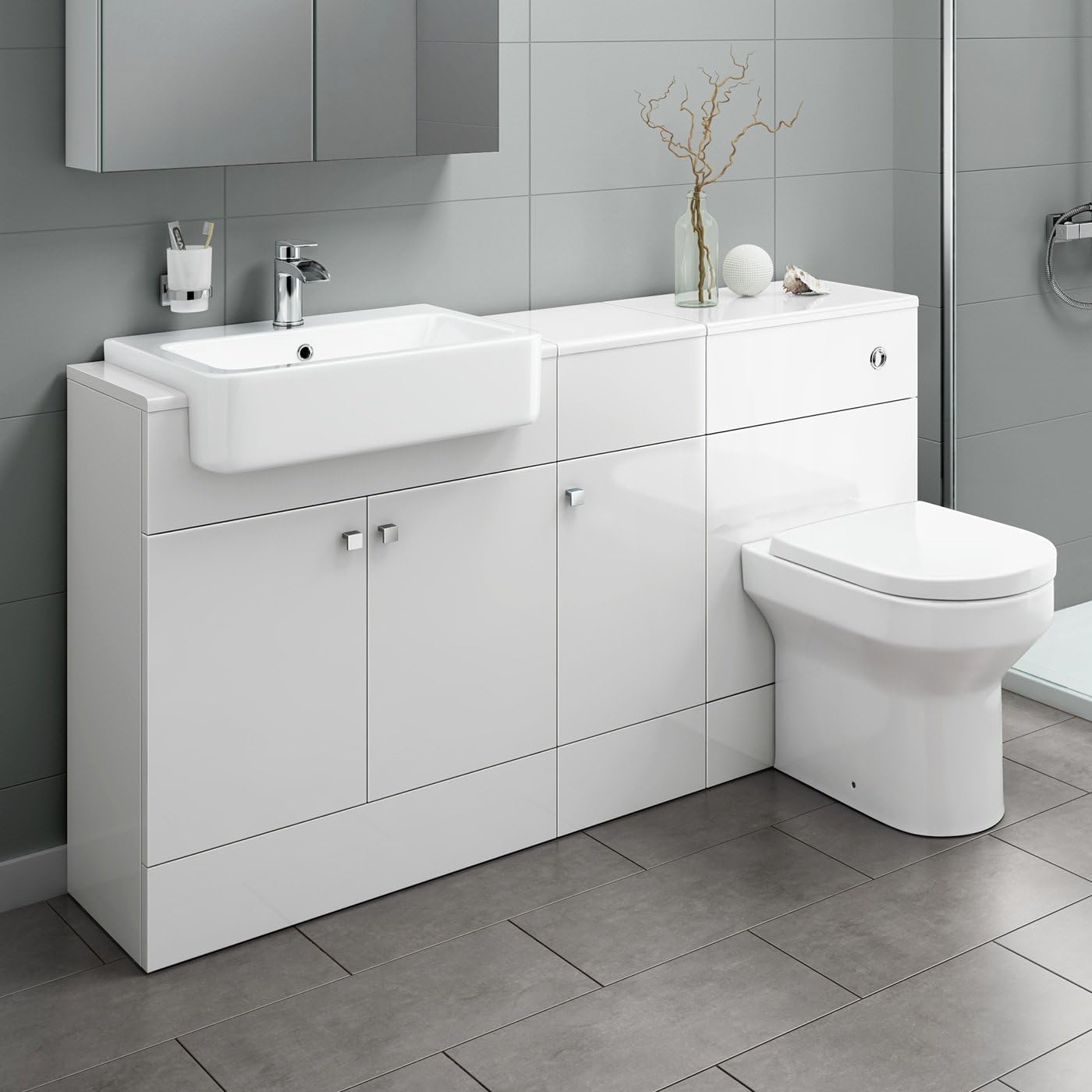 1500 mm Combined Gloss White Vanity Unit Back To Wall Toilet WC Basin Bathroom Storage Furniture Pan.