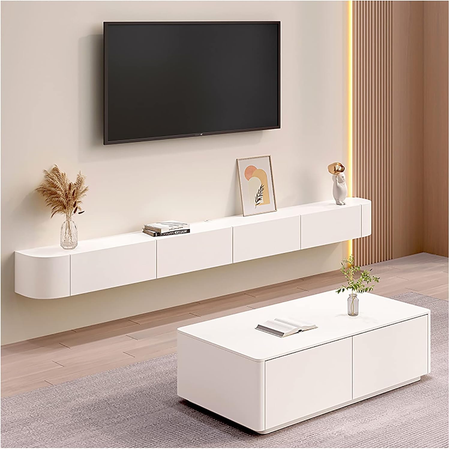 Floating TV Stand, Wall Mounted TV Cabinet, Media Console, With Cable Holes, Storage Component Shelves, For Living Room,Bedroom (Color : White-A, Size : 180cm).