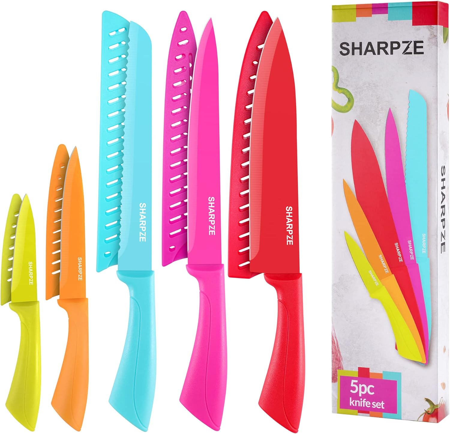 Kitchen Knife Set 5-PCs with Covers - Colour Coded Non-Stick Kitchen Knives Sets with Sheaths- Rust-Resistant Carbon Steel Chef Knife, Bread Knife, Slicing Knife, Utility & Paring Knife.