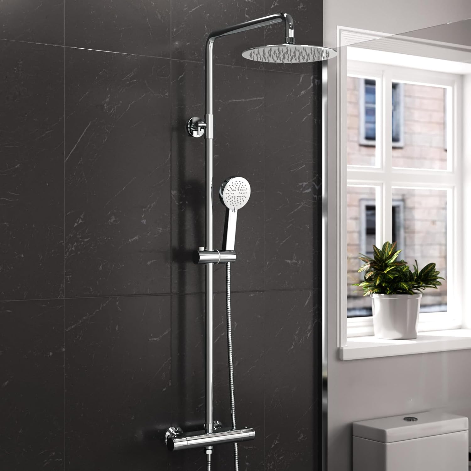 Modern Square or Round Exposed Thermostatic Mixer Shower Set Shower Head and Handheld Chrome or Matte Black (Round, Matte Black) (Chrome Round Shower Head).