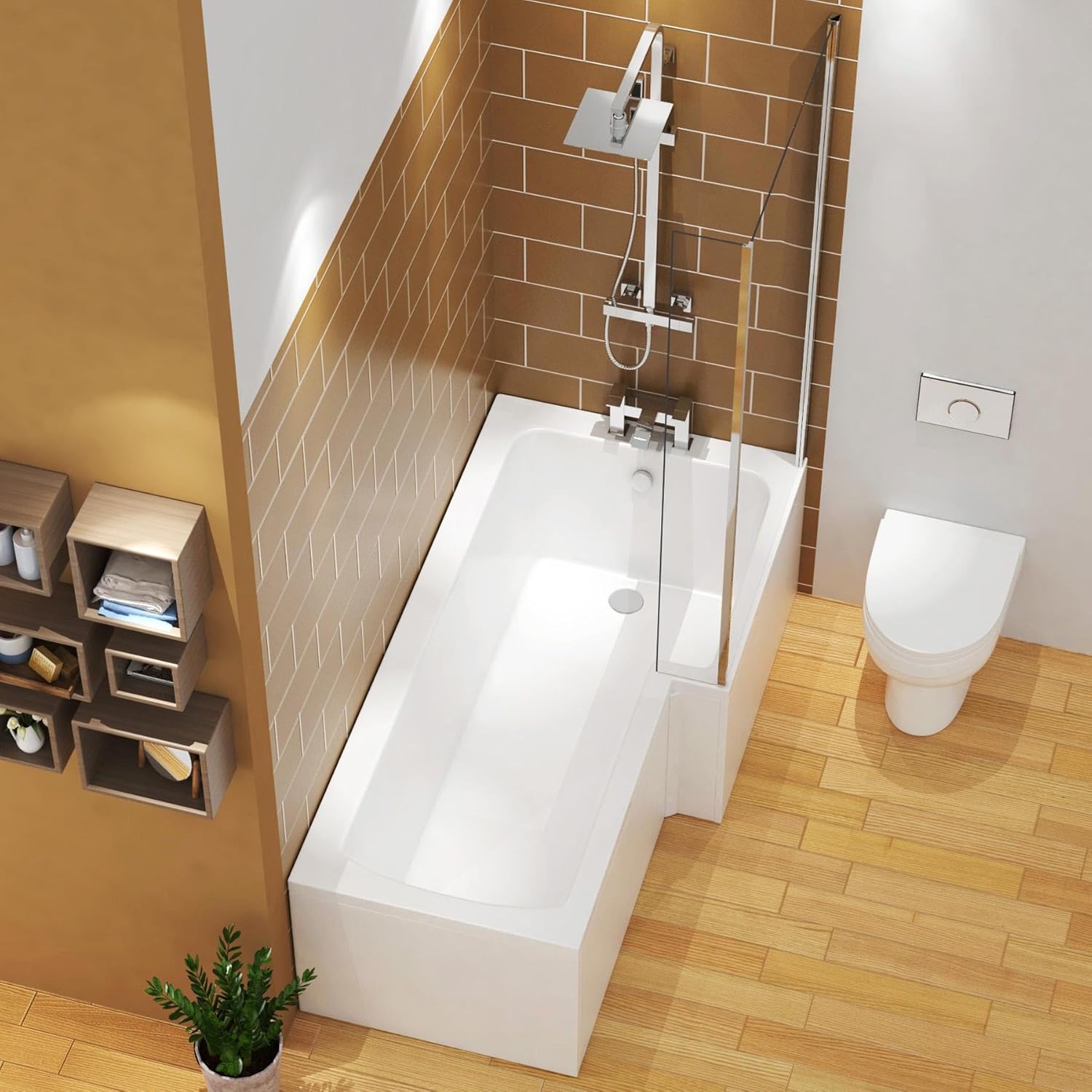 Qubix 1700 x 850mm Right Hand L-Shaped Shower Bath Bathtub with MDF Front Panel.