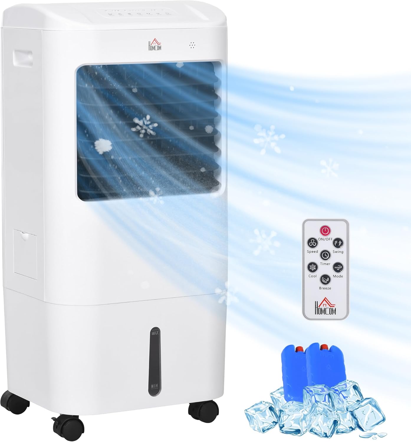 HOMCOM Portable Air Cooler with 15 Litre Water Tank, Oscillation, LED Display, Remote Control, 7.5 Hour Timer, Evaporative Air Cooler Fan with 3 Speeds, 3 Modes, Ice Packs, for Home Office.