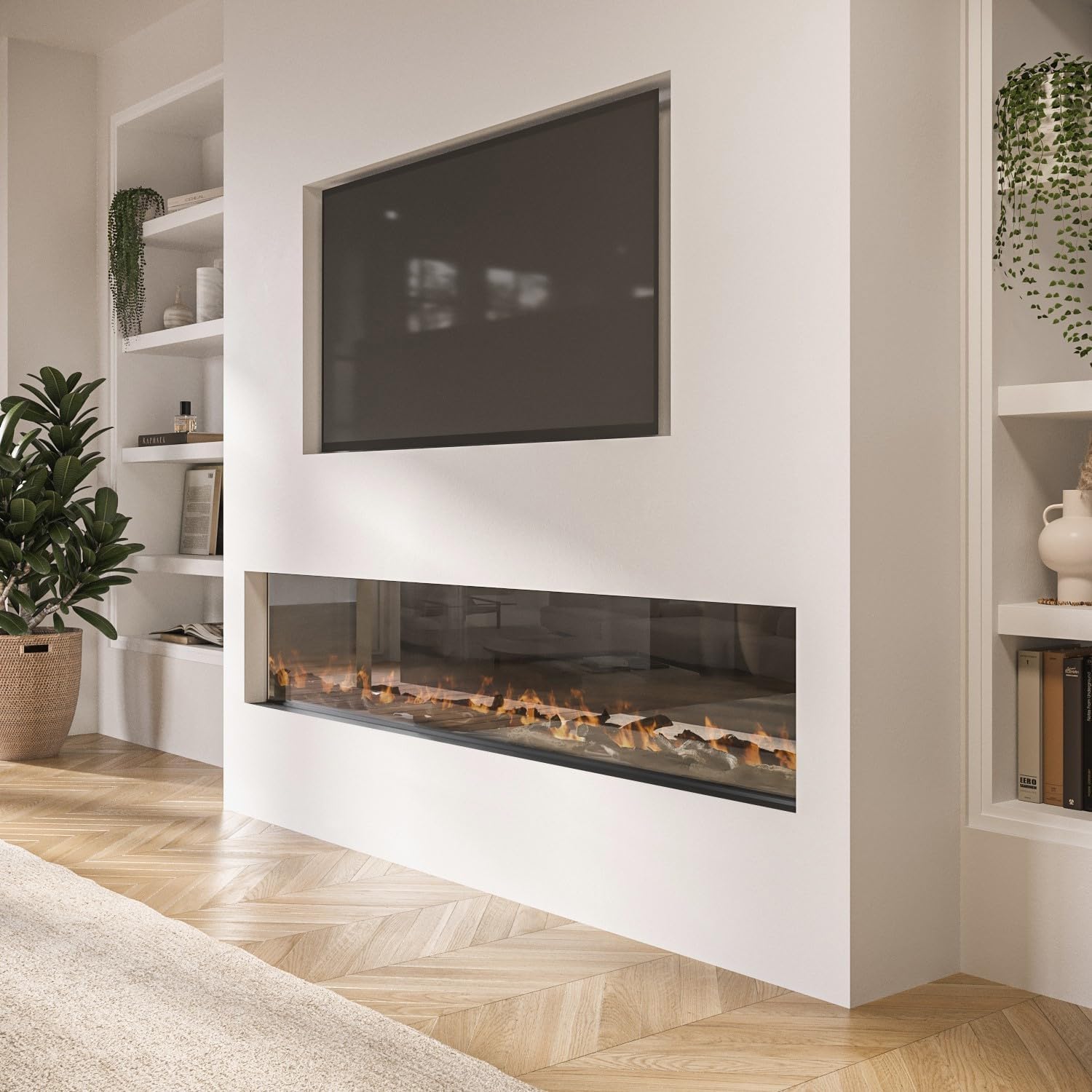 Amberglo Black 70 Inch Inset Media Wall Electric Fireplace with Glass Configurated Front and Sides.