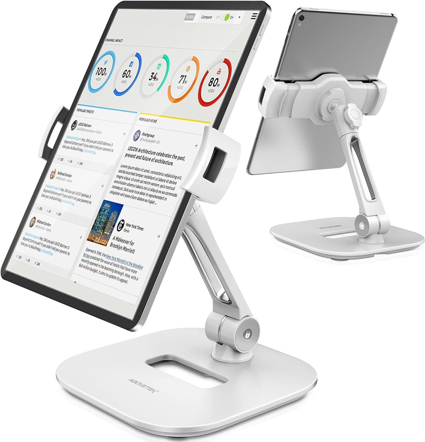 AboveTEK Tablet Stand Holder, Stylish Aluminum iPad Stands, Foldable 360° Swivel iPad iPhone Table Stand Holder fits 4-11" Tablets/Smartphones for Kitchen Bedside Office POS Showroom Reception - White.