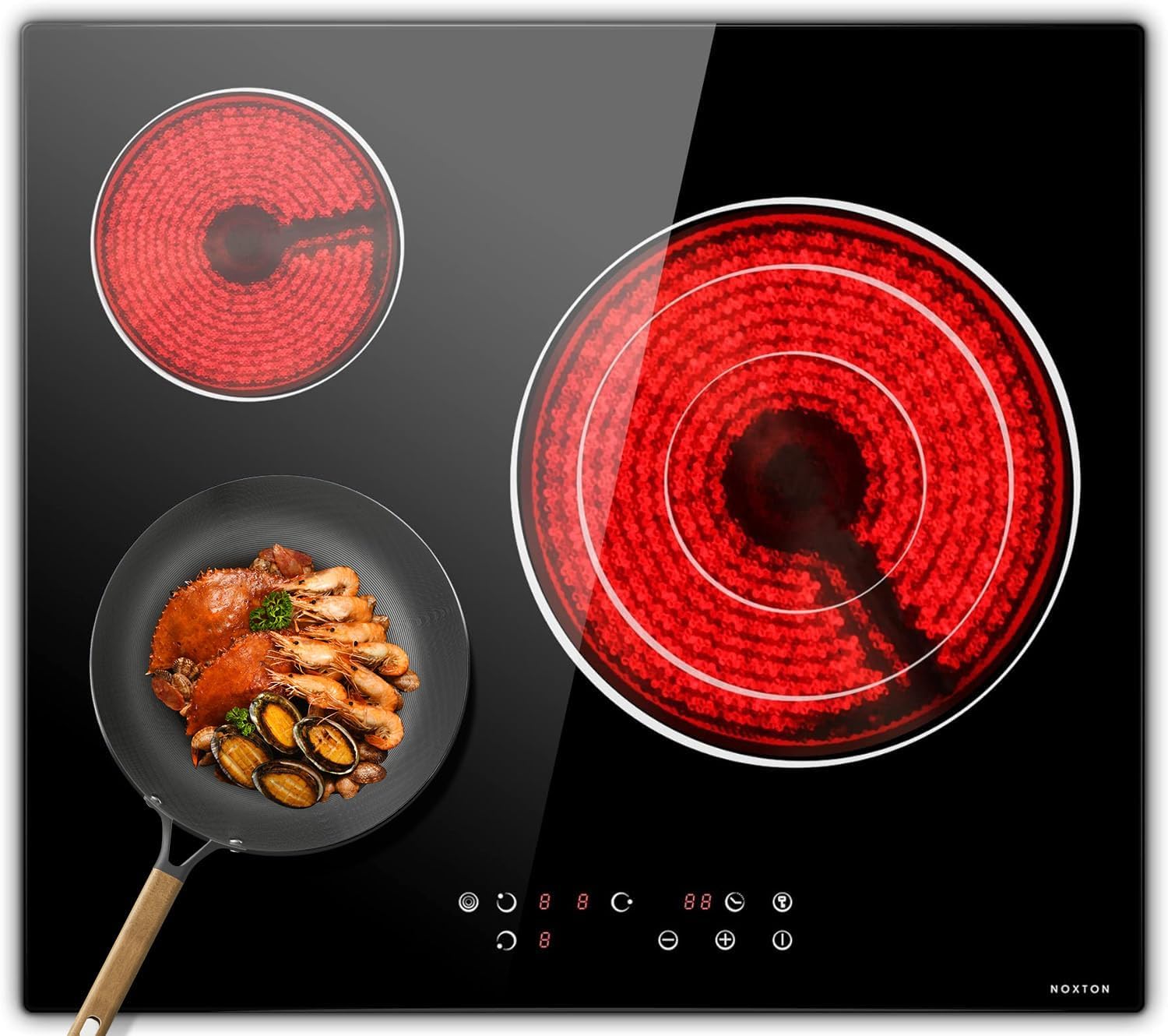 NOXTON Ceramic Hob, Built-in 4 Zone Electric Hobs 60cm Noise-free Auto Shut-off Safe Lock Heat Indicator Black Glass Panel Cooktop with Touch Controls.