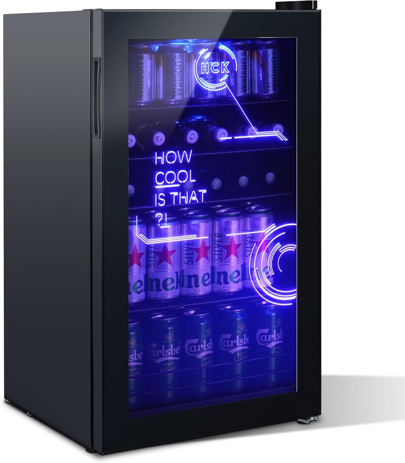 HCK 98L Cyberpunk Mini Beer Fridge with Glass Door, Beverage Refrigerators 0-10°C, Led Light, Drinks Fridge for Home Bar, Small Pub Fridge with Removable Shelves, for Bedrooms, Parties.