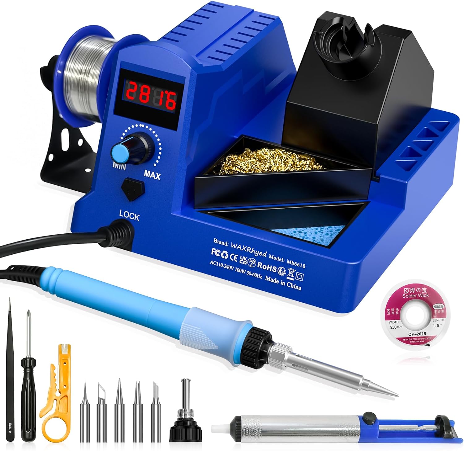 100W Digital Display Soldering Iron Station Kit with 5 Soldering Tips,Tweezers, Desoldering Pump, Solder Sucker, Auto Sleep, Screwdriver, Stripping Pliers, Stripping Tape, Sponge.