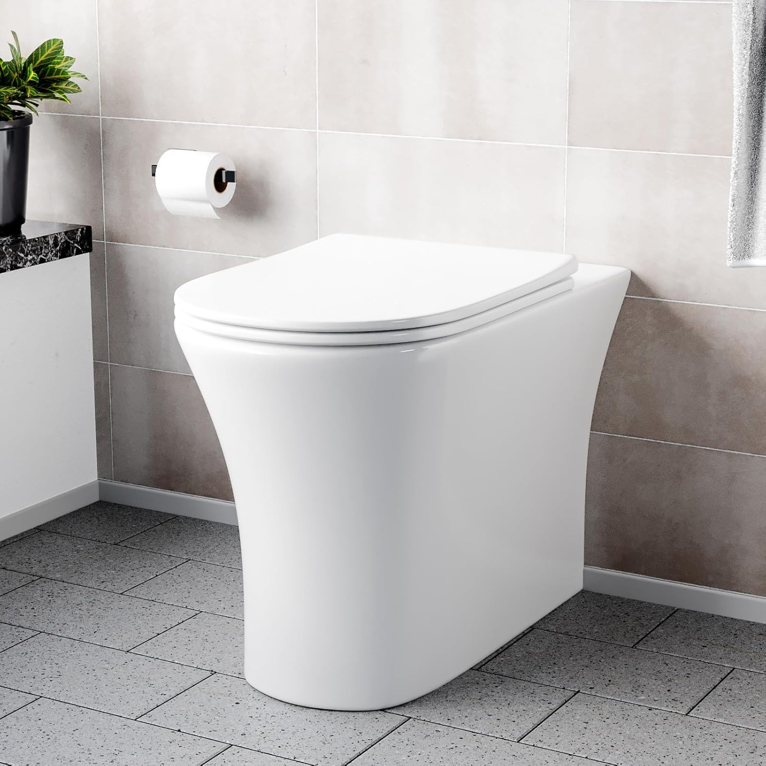 Nes Home Henley Comfort Height Modern Bathroom Rimless Back to Wall Toilet with Soft Close Seat.