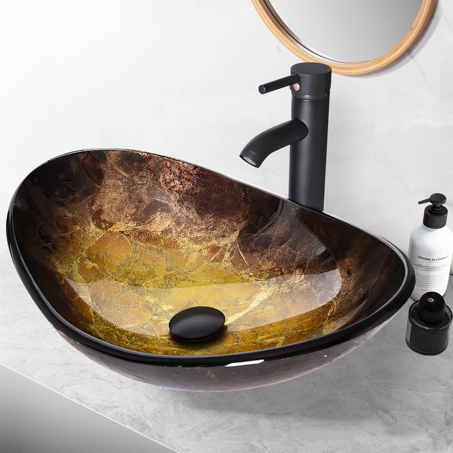 YU YUSING Countertop Bathroom Sink Basin Oval Hand Washbowl Tempered Glass with Tap Waste Set, Cloakroom Kitchen Toilet, Gold.