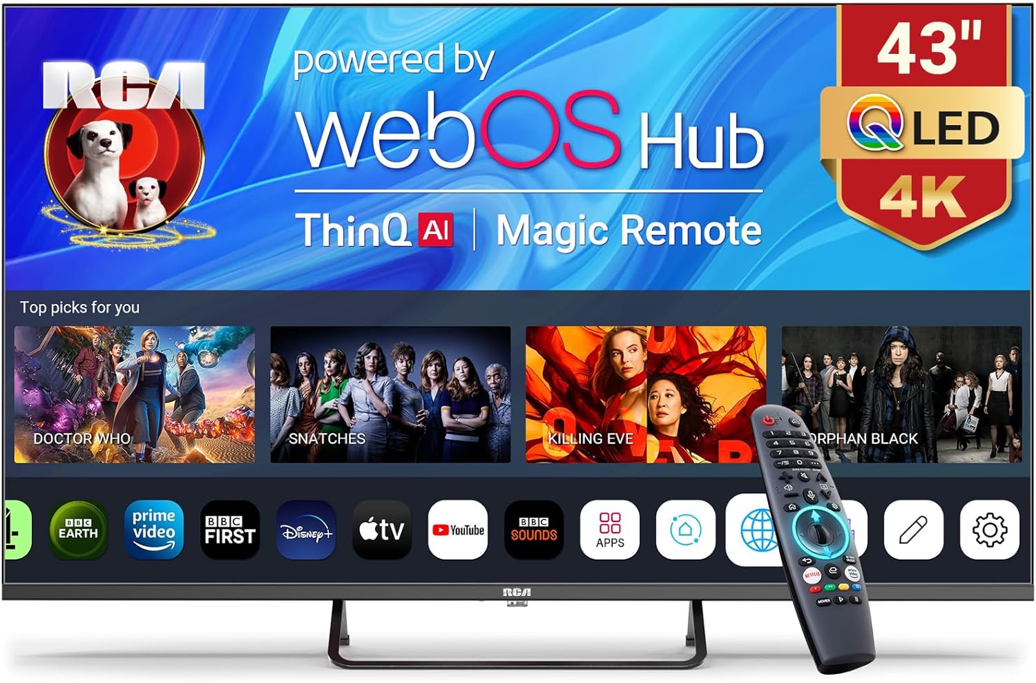 RCA Web OS TV 55-inch QLED 4K UHD Smart TV, MEMC HDR10 ThinQ AI, Voice Magic Remote Dolby Audio