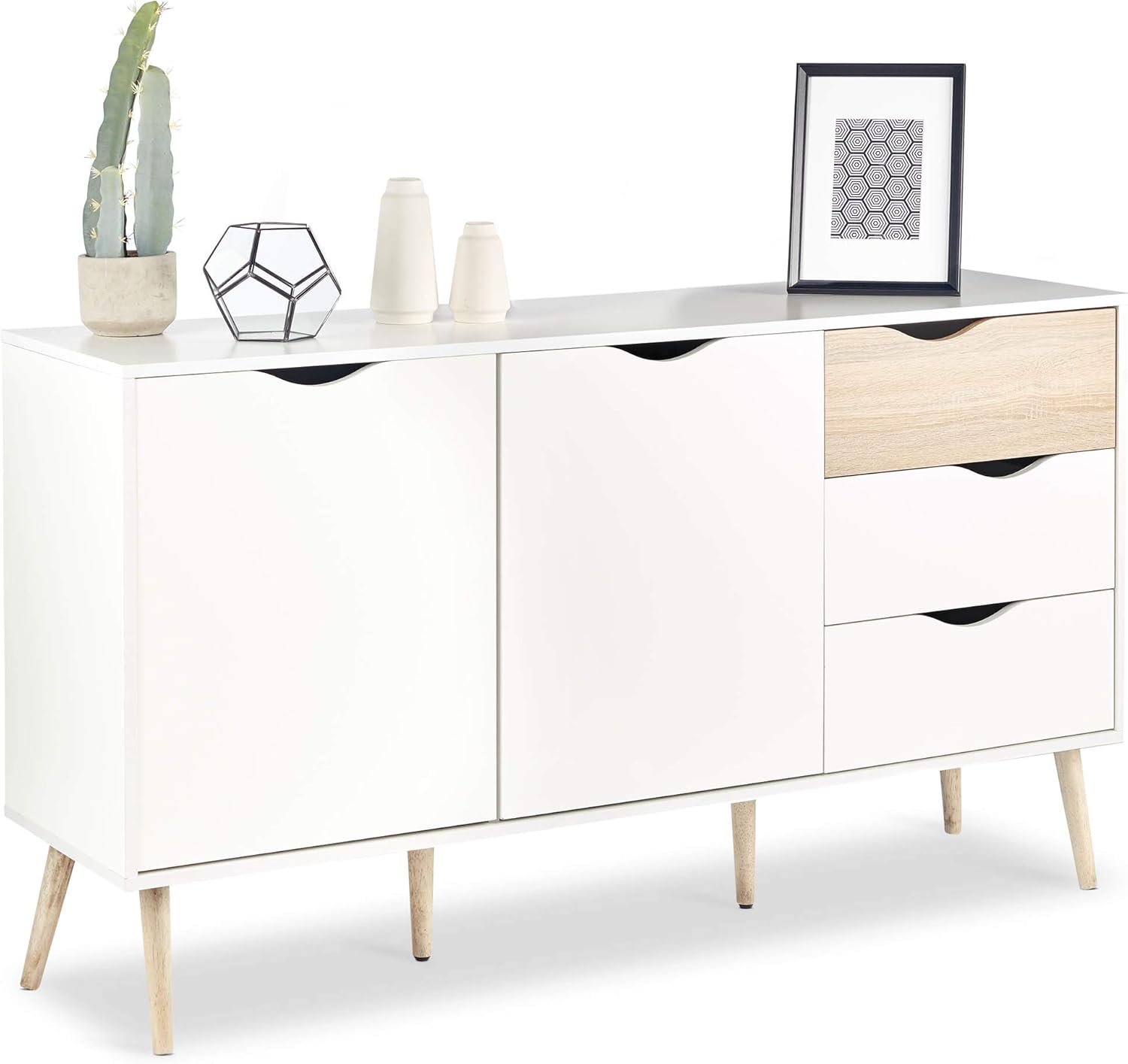 VonHaus Large Sideboard - Wide Storage Cabinet White & Oak Wood Effect - Scandi Nordic Style Sideboard w/ 2 Doors, 3 Drawers & Tapered Legs - Modern Furniture for Living Room, Lounge & Hallway.