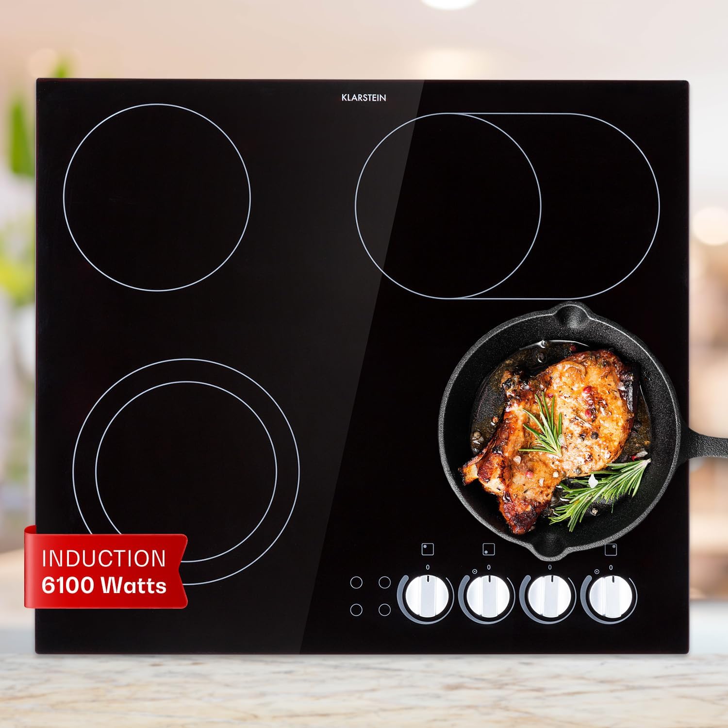 Klarstein Ceramic Hob, 6100W Electric Hob Ceramic Cooker, 4 Ring Electric Pan Hob, Built-In Table Top Cookers w/ 4 Hobs, Stainless Steel Ceramic Heater Cooktops, Electric Hot Plates for Cooking.