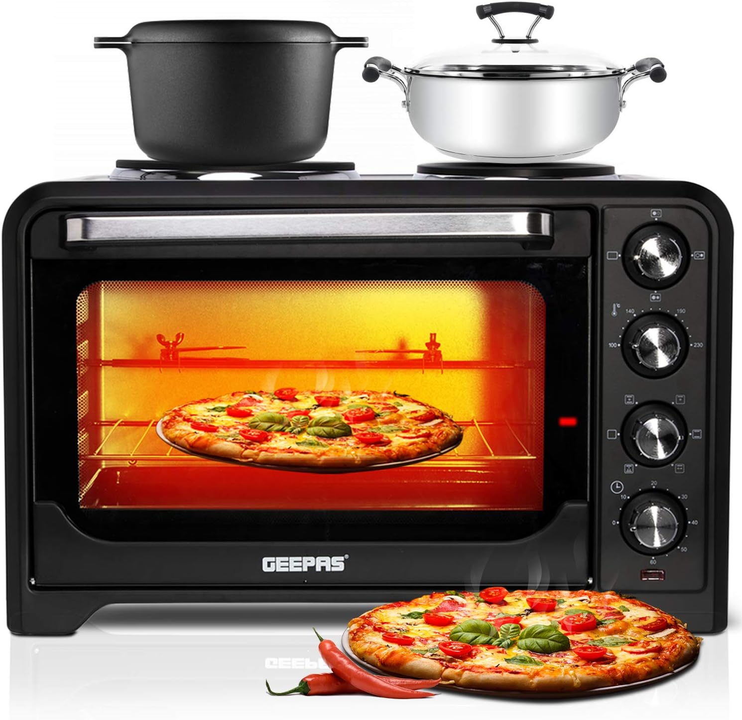 Geepas 38L Mini Oven & Grill with Double Hotplate | 1600W & 60 Minutes Timer | Rotisserie Function & 6 Selectors for Baking & Grilling | 5 Accessories Included & Convection Function – 2 Years Warranty.