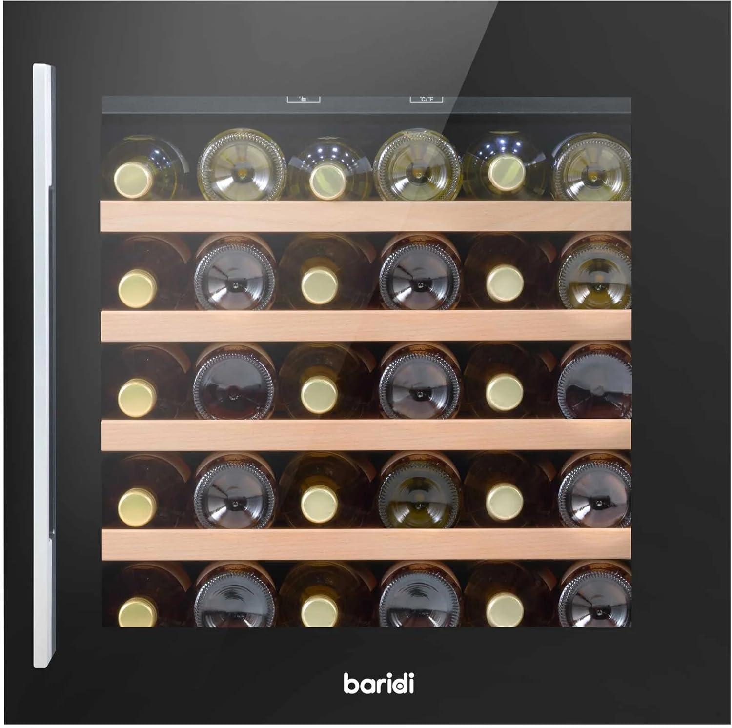 Baridi 60cm Built-In 36 Bottle Wine Cooler with Beech Wood Shelves and Internal LED Light, Black - DH206.